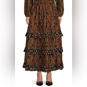 A Loves A Damask Print High Rise Tiered Maxi Skirt,Small,Victorian Renaissance